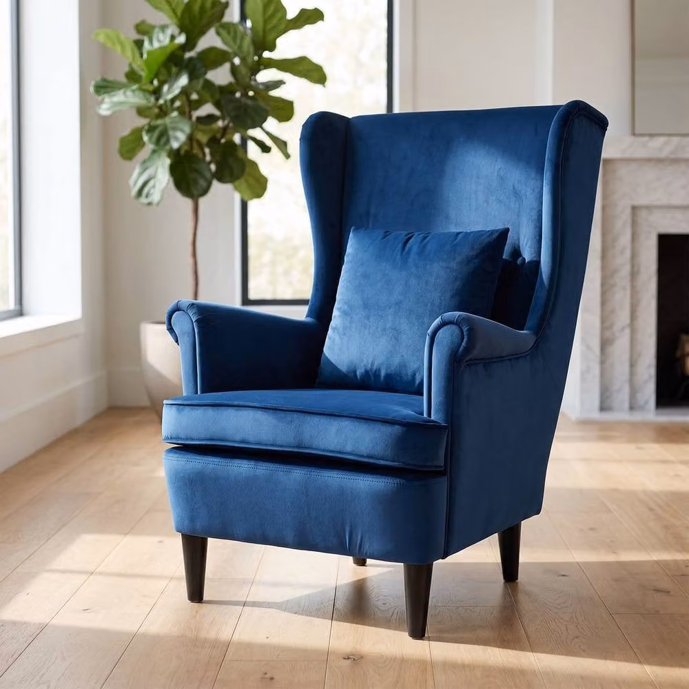 STILVORA Blue Velvet Winged Accent Chair with Armrests and Solid Wood Frame – 4