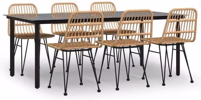 Berkfield Home 7 Piece Poly Rattan Garden Dining Set with Glass Top Table in Beige