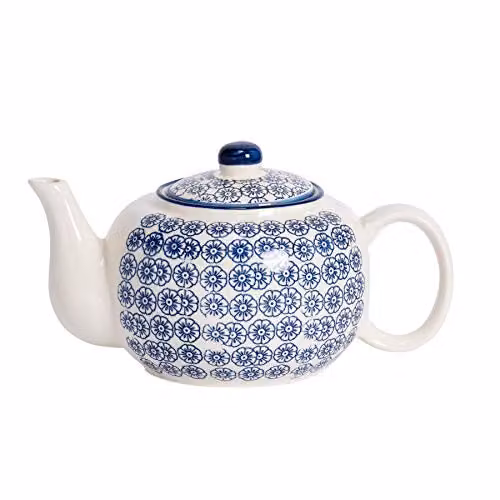 Nicola Spring Hand-Printed Porcelain Teapot with Lid, Floral Pattern, Blue, 820ml