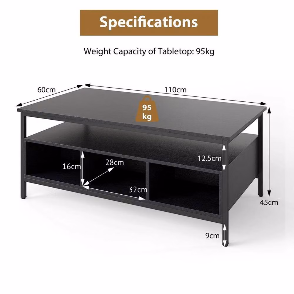KORVIXA Industrial 3-Tier Square Coffee Table in Black, W/D: 100 x 100 cm – 2