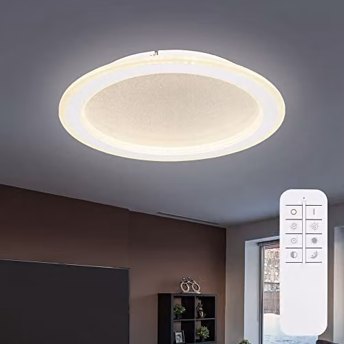 Globo Lighting White Crystal LED Ceiling Light with Remote Control and Dimming Function, D x H: 40 x 5 cm