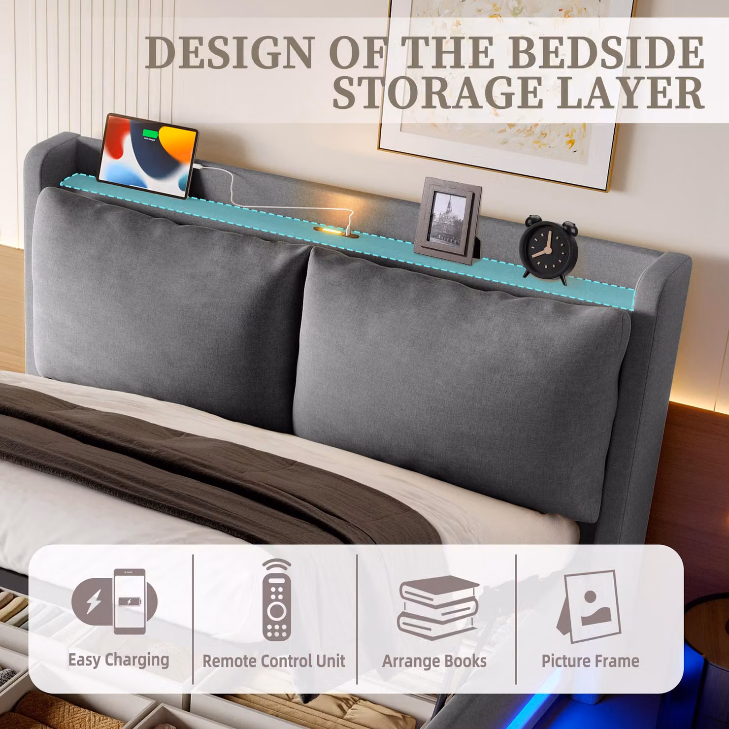 Aosom UK Modern Upholstered Bed Frame with Hydraulic Lift Storage, LED Lighting and Dual USB-C Ports, Dark Grey, W: 152.5 cm, D: 210 cm, H: 114 cm – 6