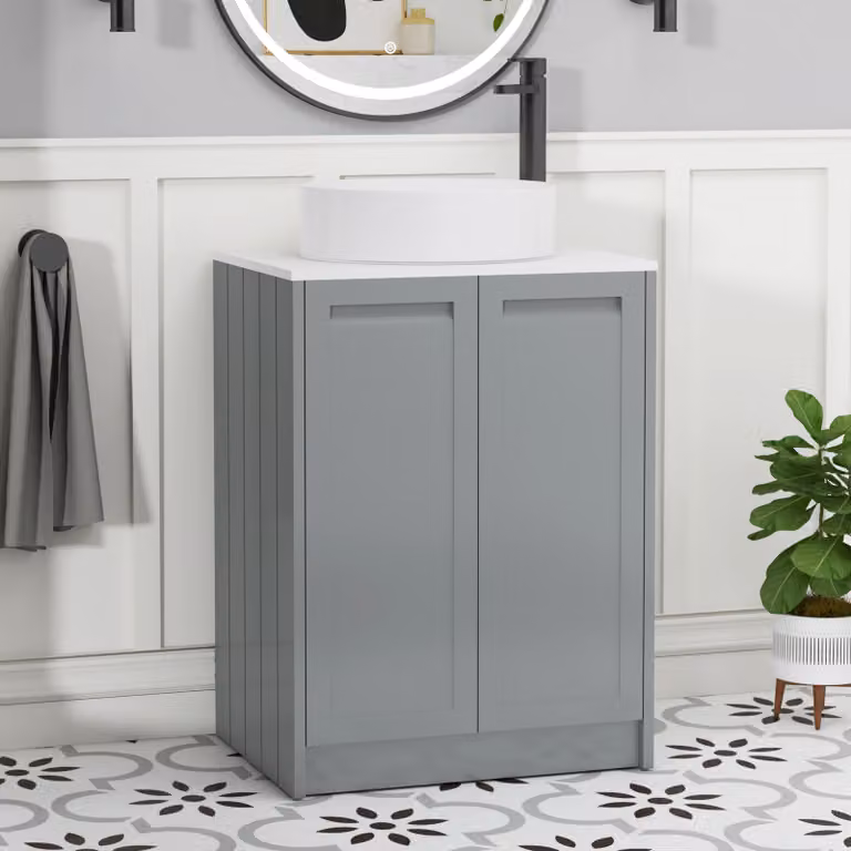 Royal Bathrooms Elmore 600mm Floor Standing 2 Door Vanity Unit in Matt Pebble Grey with Plain White Worktop
