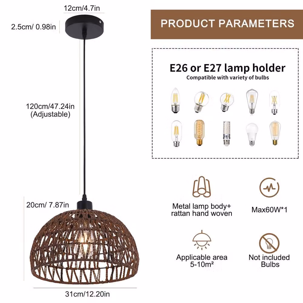 NIVOR Brown Rattan Farmhouse Single Pendant Light with Boho Rustic Cage Design and E27 Socket – 2