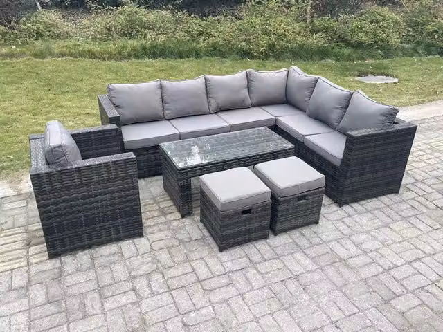 Fimous 9 Seater Rattan Corner Sofa Set with Rectangular Coffee Table and 2 Stools, Right Hand, Dark Grey