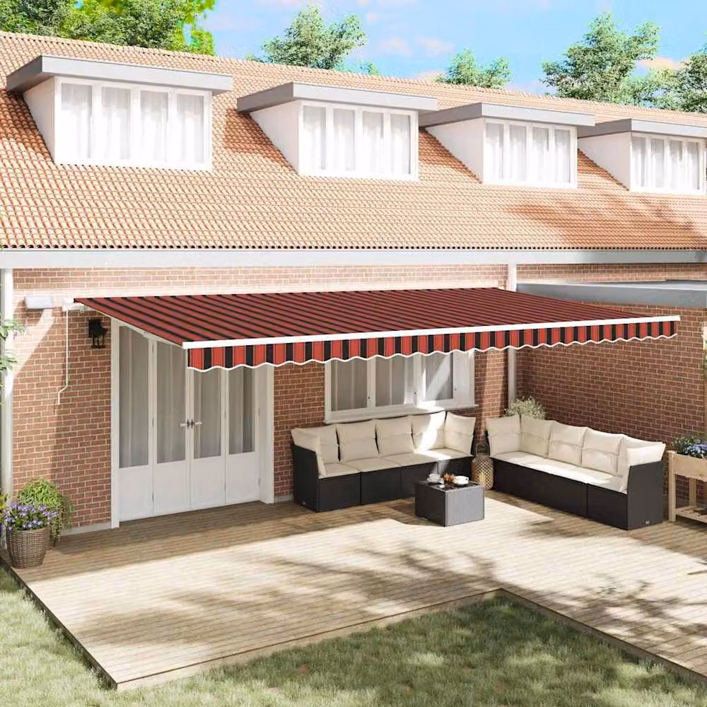 Berkfield Home Manual Retractable Folding Arm Awning with LED in Orange and Brown Striped Polyester, W: 600 cm, D: 300 cm – 2