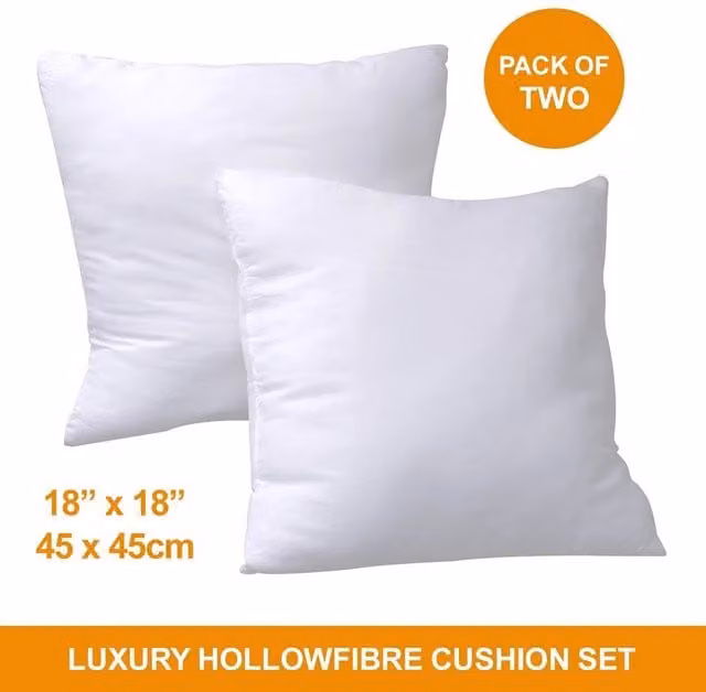 KORVIXA Set of 2 White Hollow Fibre Square Cushion Inserts, W/D/H: 45 x 45 x 45 cm