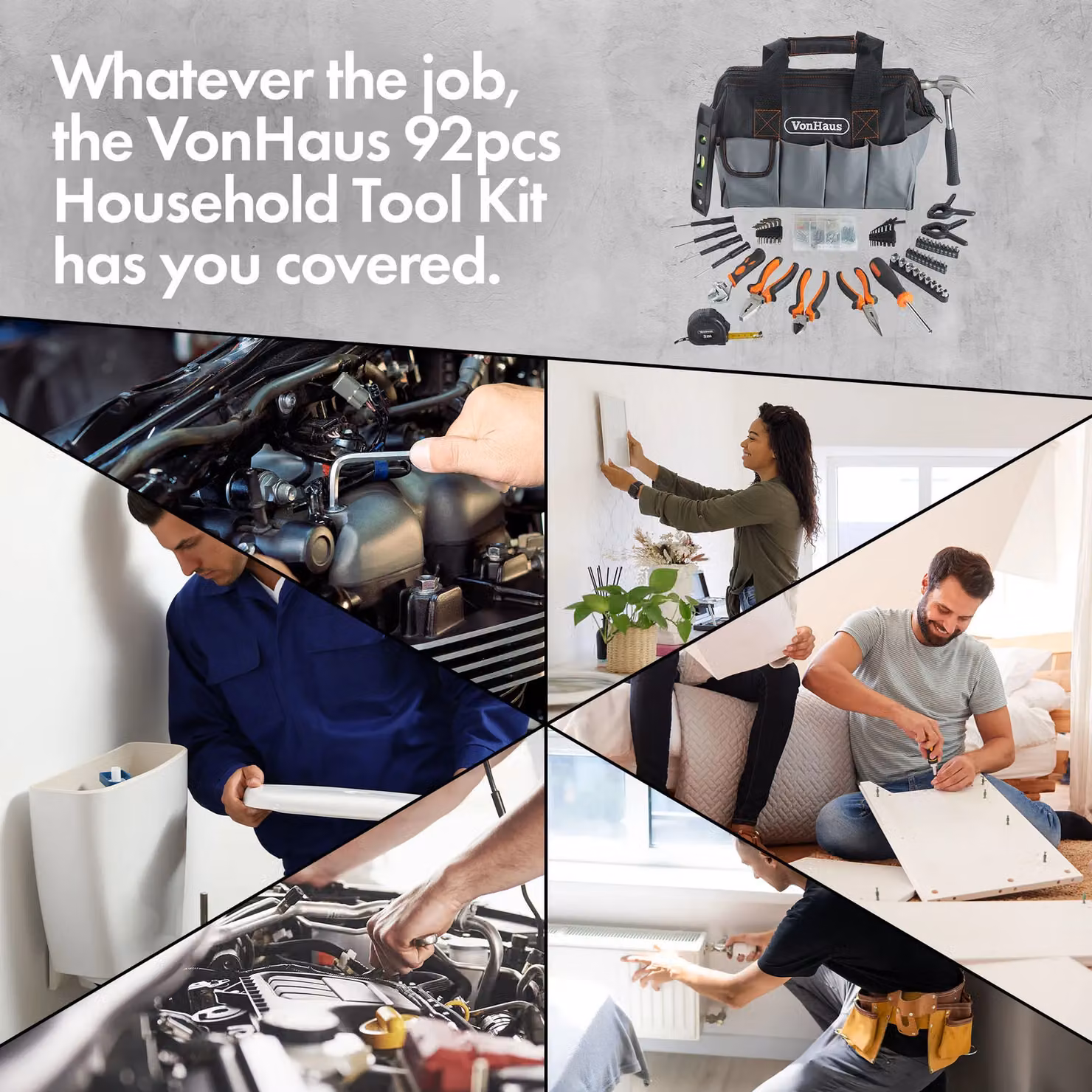 VonHaus 92-Piece Stainless Steel Hand Tool Kit in Black with Carry Bag – 2
