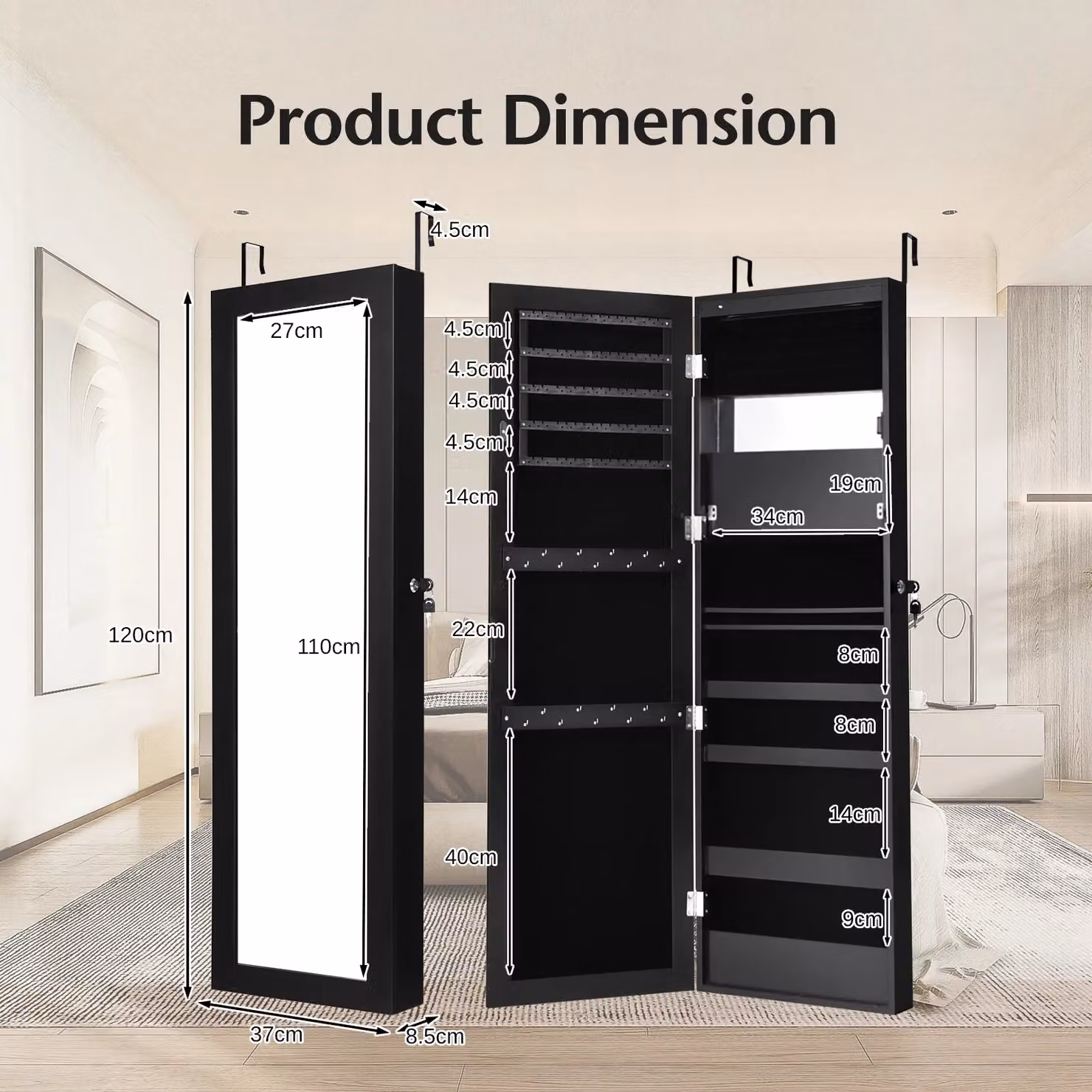 Costway Black Wall or Door Mounted Jewelry Armoire Organizer with Full-length Mirror and LED Lighting – 2