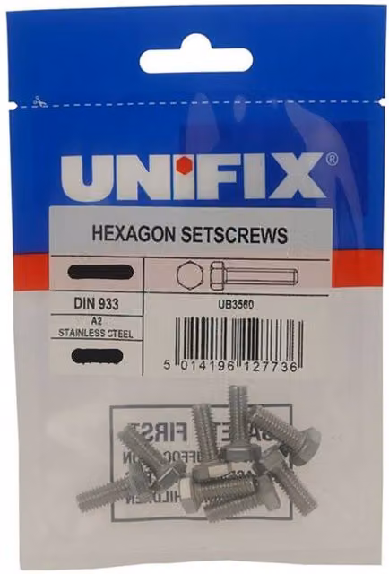Unifix A2-304 Stainless Steel Hexagon Setscrews, Silver, M 10 x 50 mm, Pack of 2