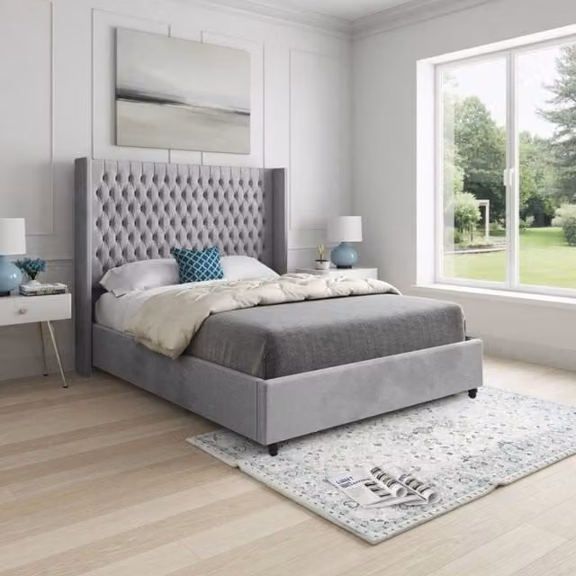 KDMD Welbury Winged Upholstered Single Bed Frame in Grey Soft Velvet – 1