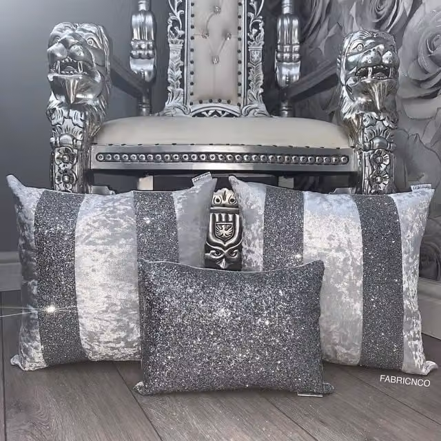 FABRICNCO White and Silver Crushed Velvet Glitter Cushion Cover Set