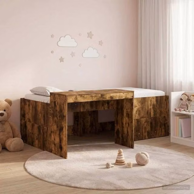 Berkfield Home Kids High Bed Frame with Desk in Smoked Oak Brown, W/D/H: 80 x 200 cm
