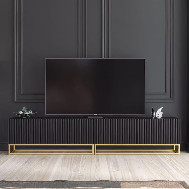 Mex Furniture LTD Ripple Duo TV Unit in Black with Gold Fluted Doors, W: 200 cm, D: 45 cm, H: 35 cm – 1