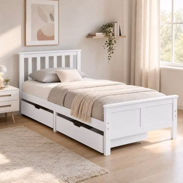STILVORA Single Bed Frame with Storage Drawers, White, W/D/H: 90 x 190 cm – 1