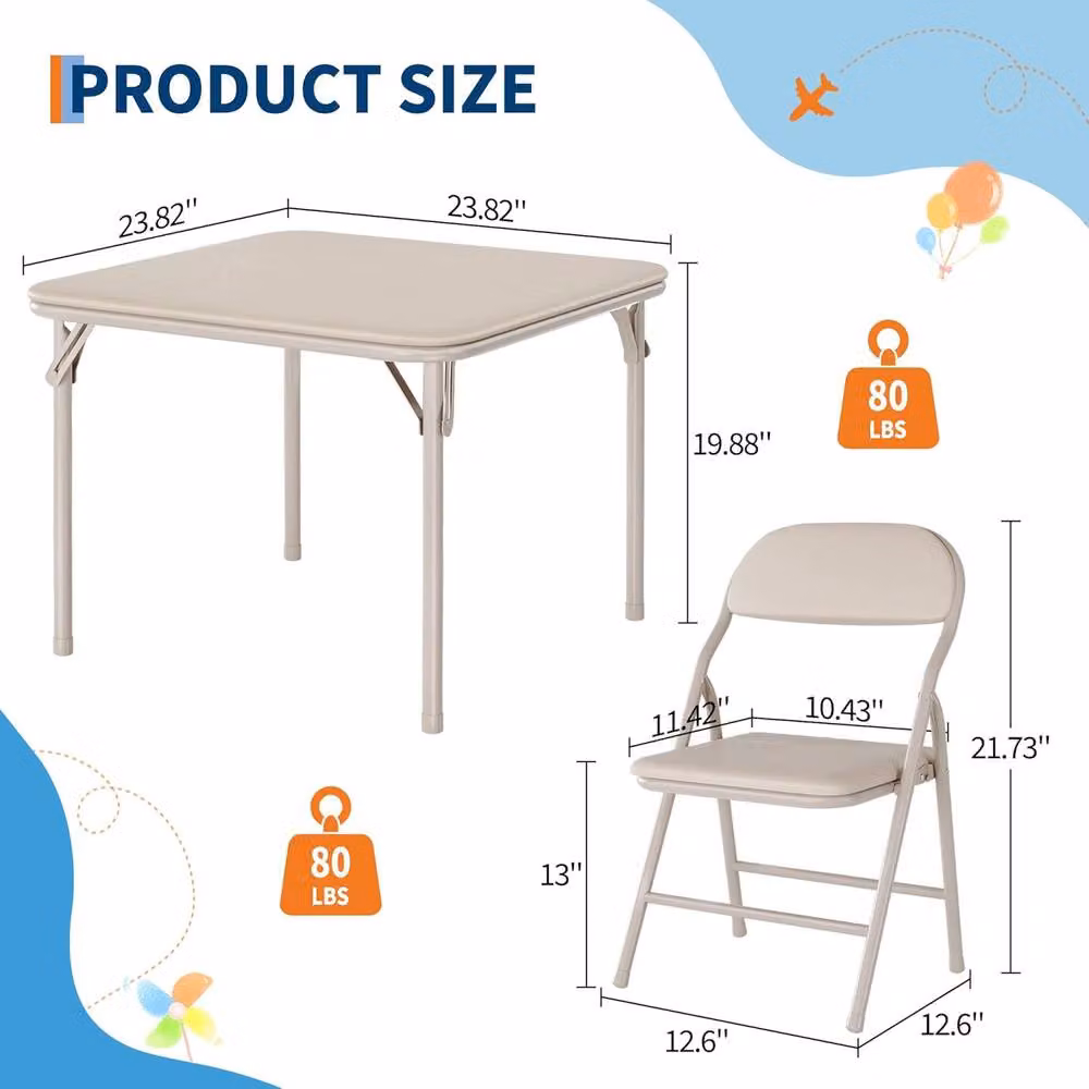 London Boutique 3-Piece Kids Folding Dining Table and 2 Upholstered Chairs Set in Beige – 2