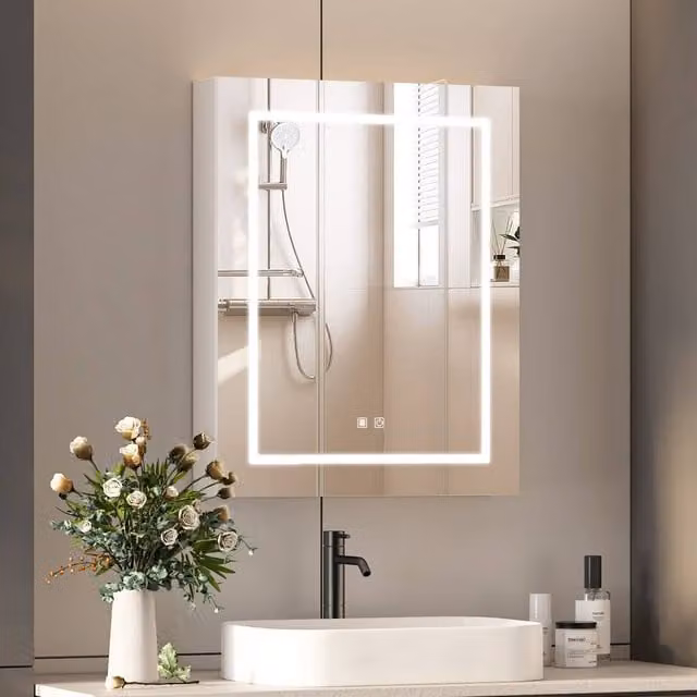 KEEPREAPER Illuminated Bathroom Mirror Cabinet in White with Shaver Socket, LED Lighting and Anti-Fog Feature
