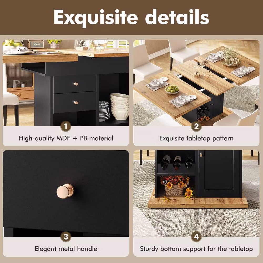 Rolipo Extendable Rectangular Dining Table with Storage and Wine Rack in Black – 6