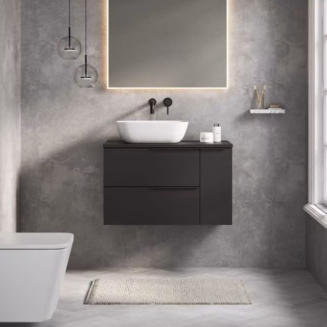 Banyetti Celtic Duo 800mm Wall Hung Vanity Unit with Door and Oak Worktop in Matt Black, W: 80 cm, D: 45 cm, H: 48 cm