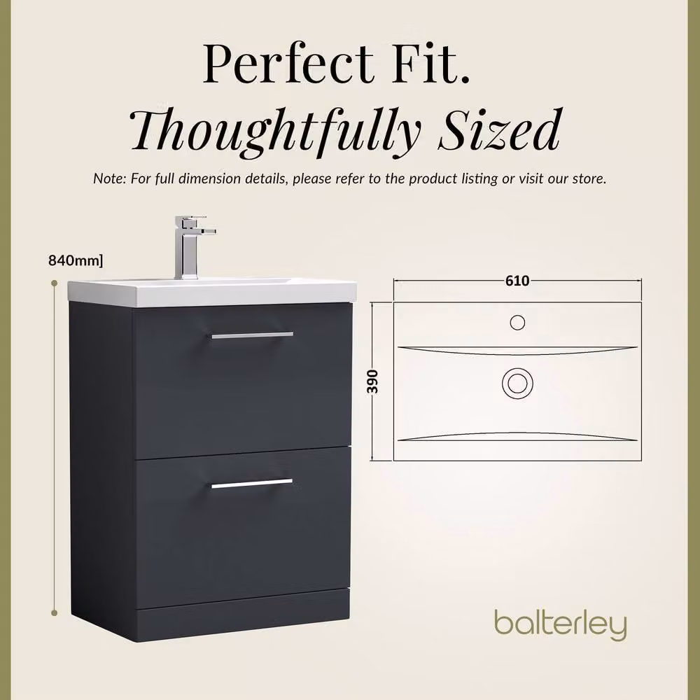 Balterley Modern 2 Drawer Floor Standing Bathroom Vanity Unit with Rectangular Mid-Edge Basin, Dark Grey, W: 61 cm, D: 39 cm, H: 84 cm – 4