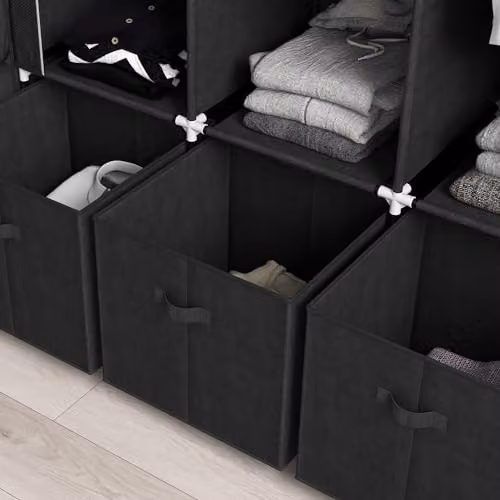 HOMCOM Black Fabric Wardrobe with Roll Shutter, Hanging Rod, Internal Shelves and Drawers – 8