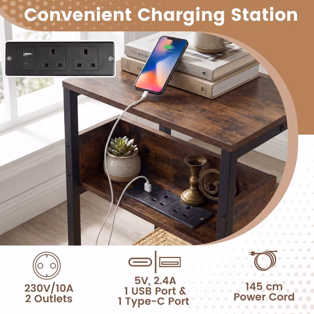 Costway Industrial 3-Tier Side Table with Charging Station in Brown – 4