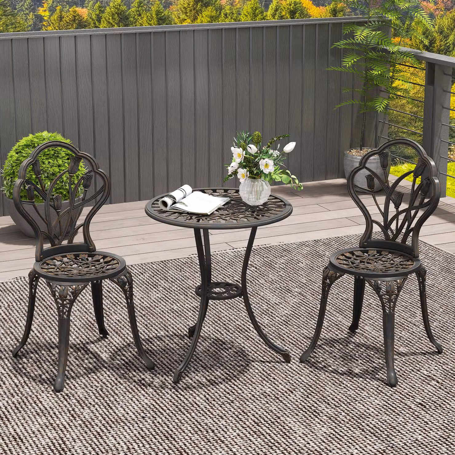 Outsunny 3 Piece Bronze Tone Aluminium Patio Bistro Set for 2 with Round Table and Umbrella Hole – 2