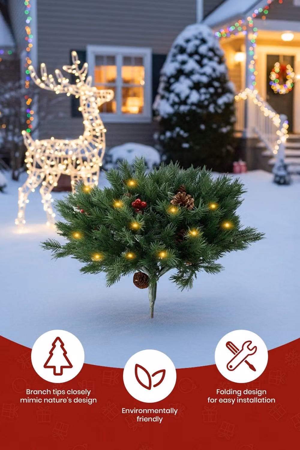 Living and Home Pre-Lit Artificial Christmas Urn Filler with Pinecone in Green – 2