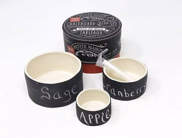 Verano Spanish Ceramics Set of 3 Multicolour and White Ceramic Chalkboard Dipping Bowls with Chalk