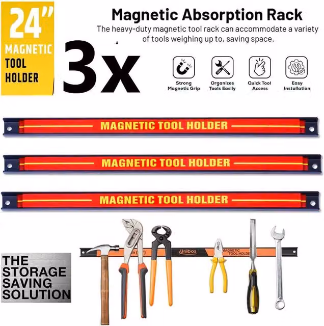 ATEK Set of 3 Magnetic Tool Holders with Removable Dividers, Wall Mounted, Orange, 60 cm – 1