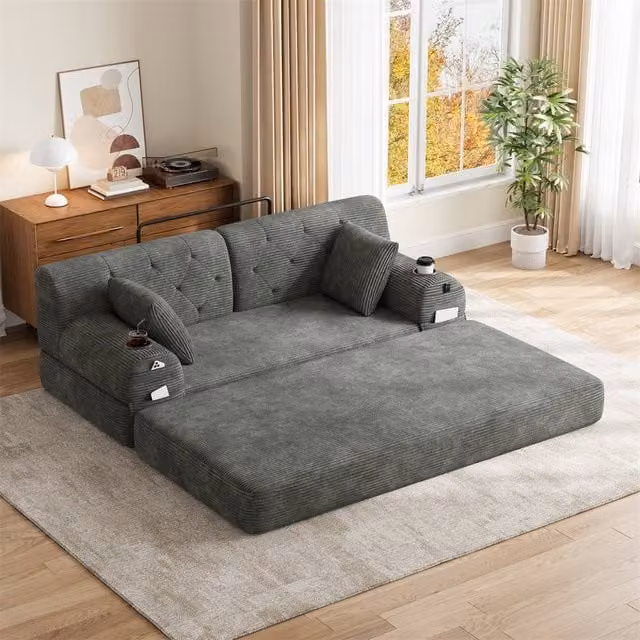 Direct Wicker 2-Seater Corduroy Sofa Bed with Cup Holders and Side Storage Pockets in Dark Grey