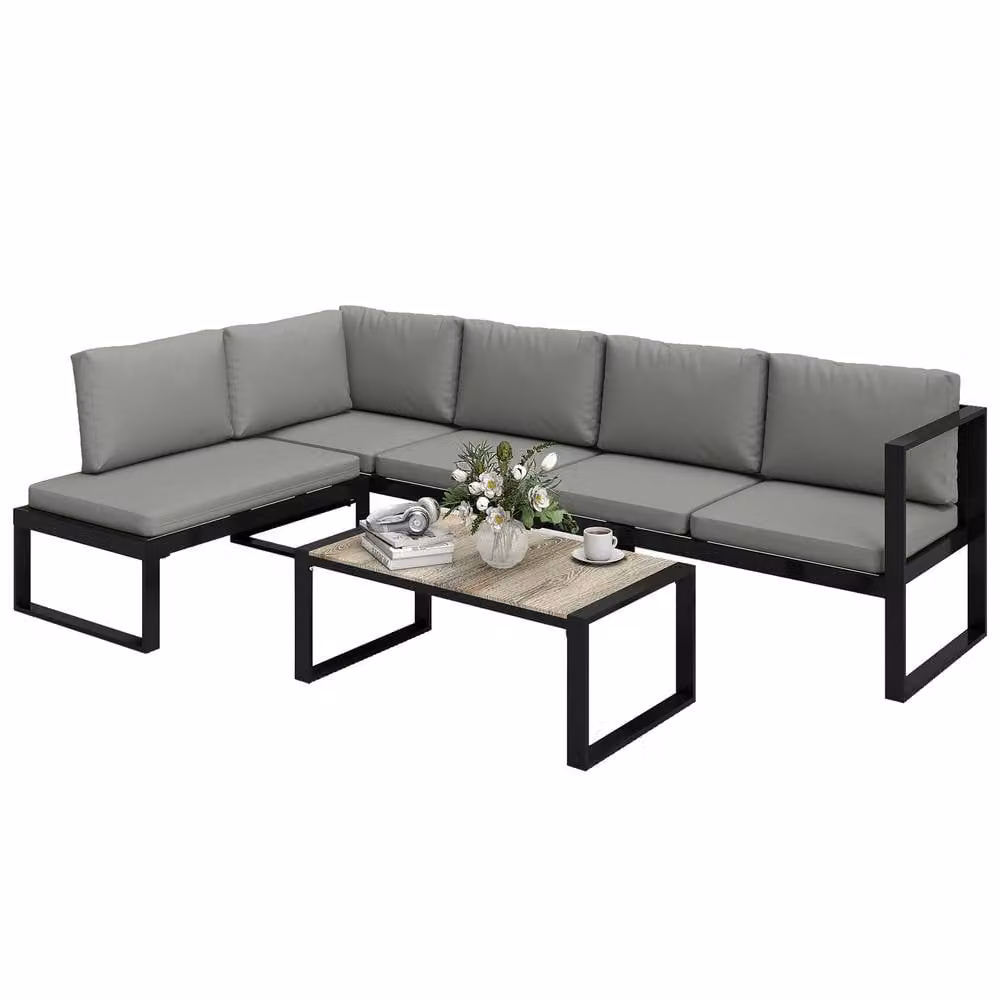 OUTSUNNY Modern Garden Sofa Set in Dark Grey with 2 Loveseats, Armless Chair, Coffee Table and Upholstered Cushions – 2