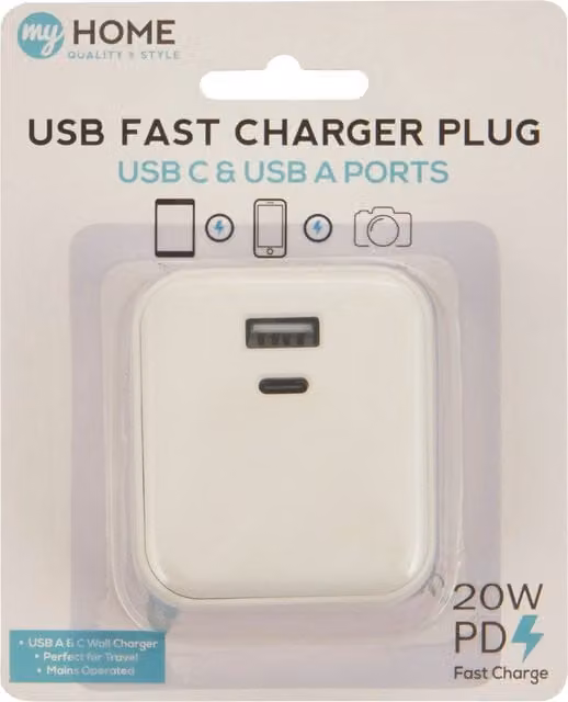 My Home USB Fast Charger Plug with USB-C and USB-A Ports, White