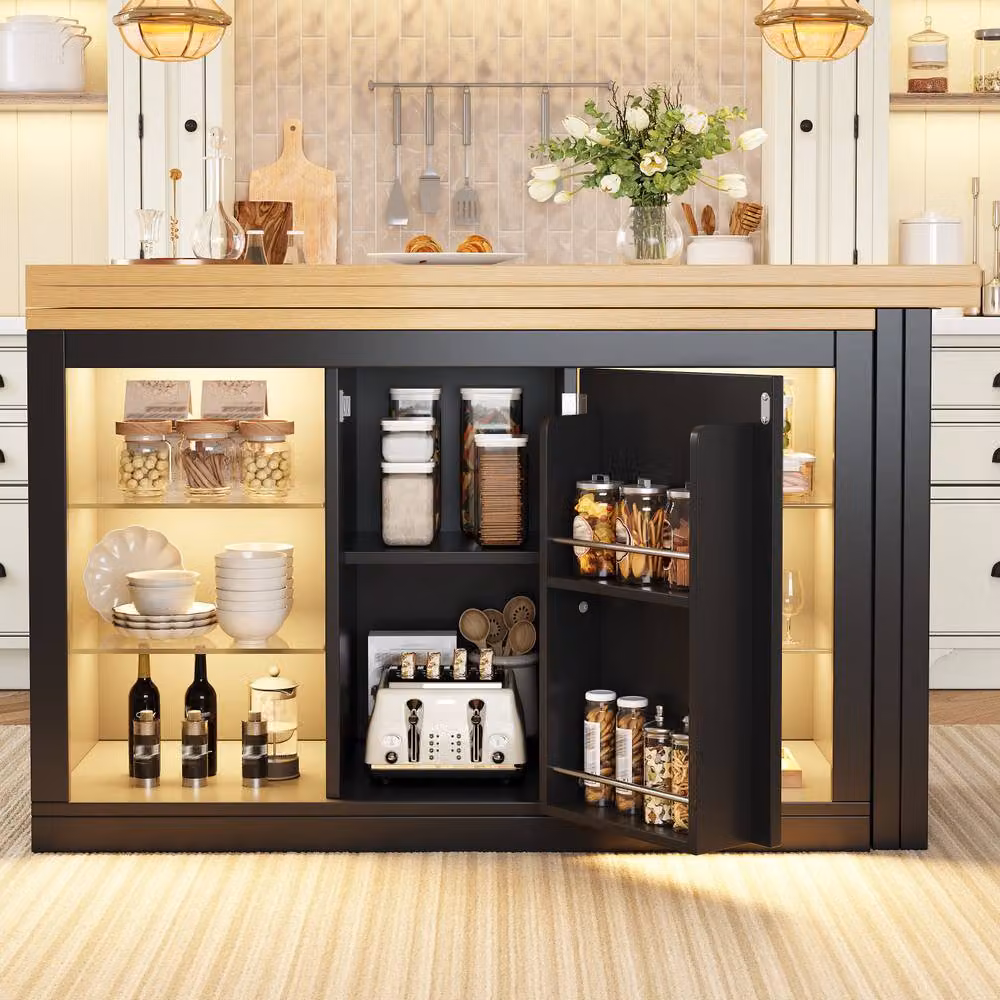 BTM Modern Black Extendable Sideboard with LED Integrated Lighting and Glass Shelves, W/D/H: 154 x 40 x 74 cm – 2