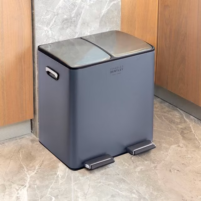 Charles Bentley 60l Double Compartment Pedal Kitchen Bin in Grey with Removable Inner Buckets and Coated Stainless Steel