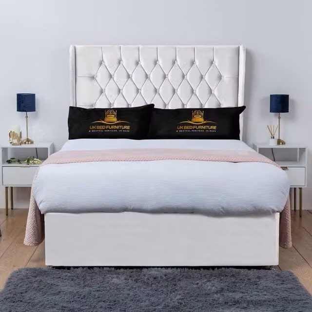 UK Bed Furniture Mary Winged Divan Bed Base with 54 Inch Buttoned Headboard in White, Single, W/D/H: 90 x 190 cm