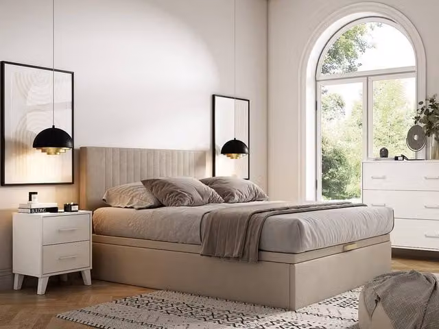 YSMÉE CENOVAS Upholstered Ottoman Bed Base in Beige Fabric, W/D/H: 160 x 200 x 35.2 cm