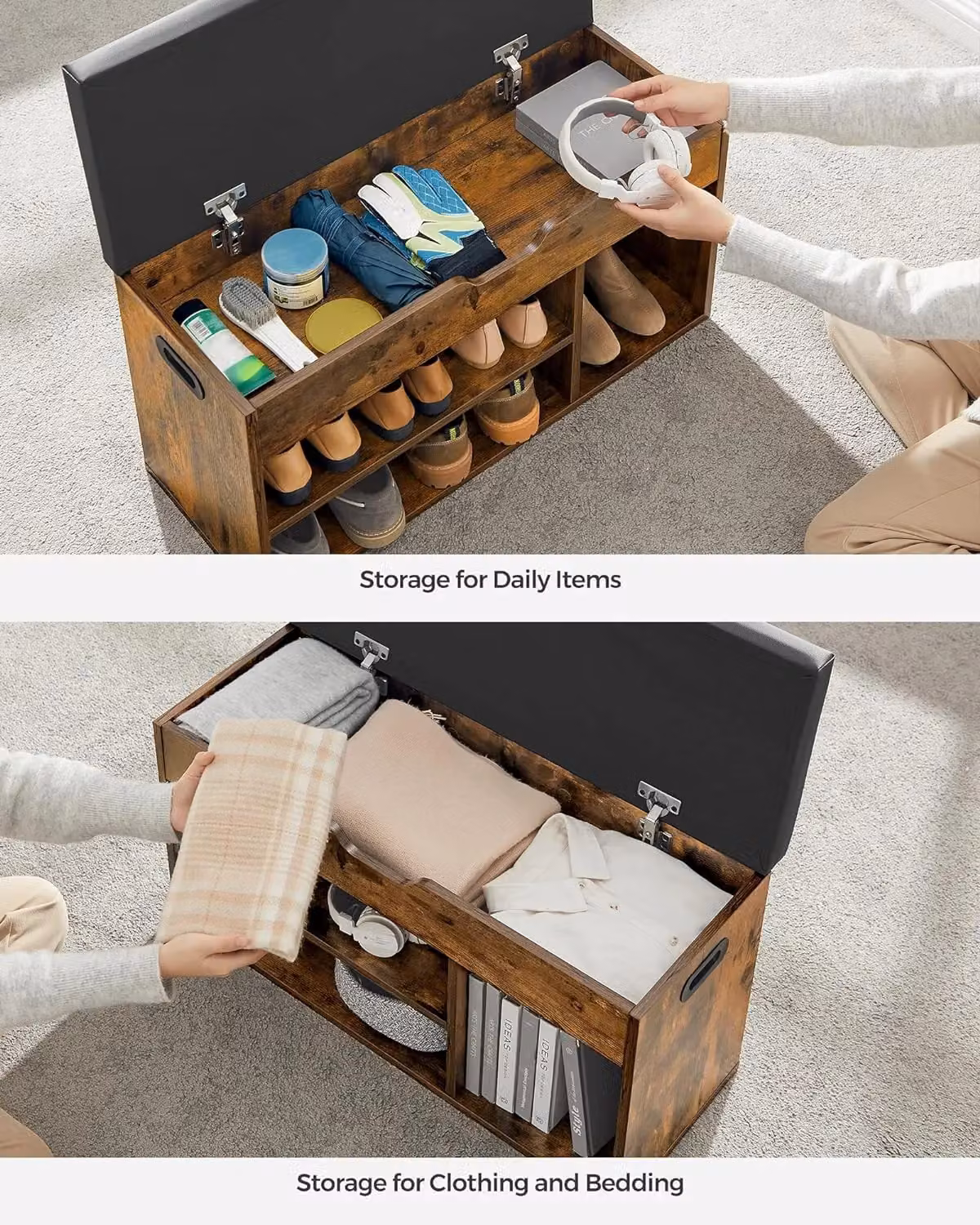 VASAGLE Industrial Shoe Storage Bench with Padded Synthetic Leather Cushion and 3 Compartments in Brown – 7