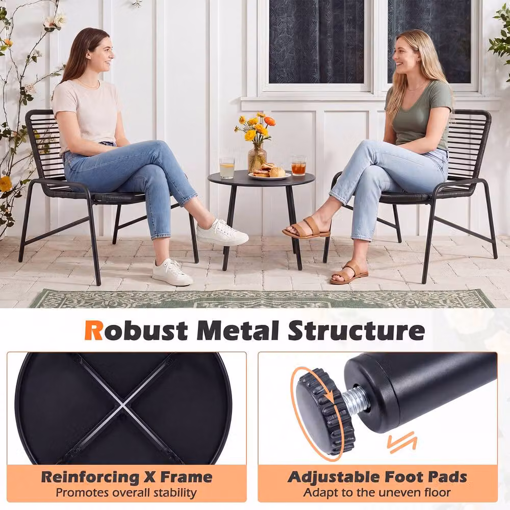 Gymax 3 Piece Black Rattan Bistro Set with Side Table for Garden, Terrace or Balcony – 4
