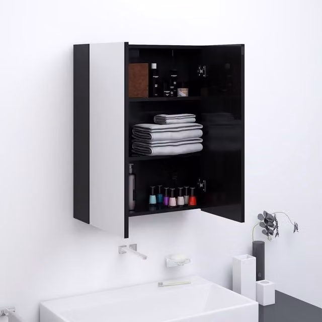 Berkfield Home Modern Glossy Black Bathroom Mirror Cabinet with Hinged Doors, W/D/H: 60 x 15 x 75 cm – 1