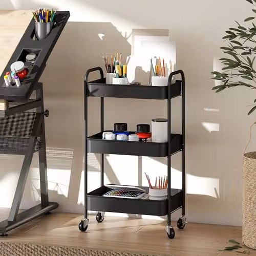 HOMCOM 3-Tier Rolling Utility Storage Trolley with Mesh Baskets, Black, W: 45.0 cm, D: 30.6 cm, H: 79.0 cm – 5