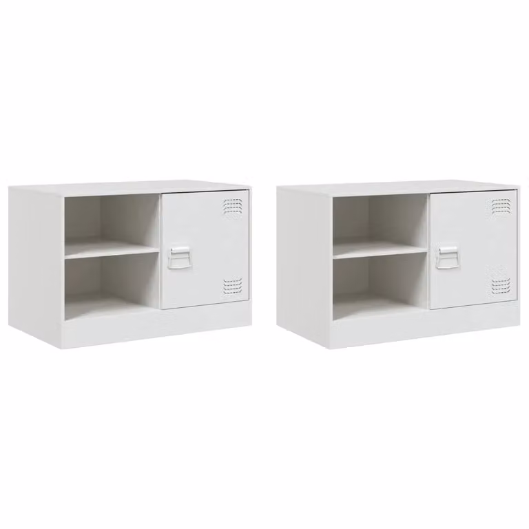 Berkfield Home Set of 2 Modern White Metal TV Cabinets with Hinged Doors and Internal Shelves, W/D/H: 67 x 39 x 44 cm