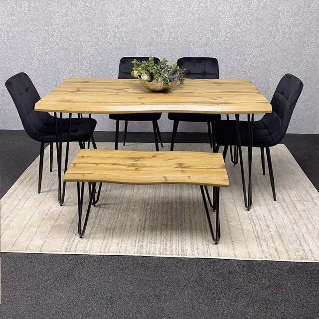 Kosy Koala Rustic Wood Dining Set with Bench and Velvet Chairs in Black and Brown, W: 117 cm