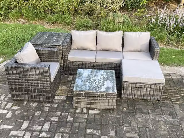 Fimous 5 Seater Rattan Garden Furniture Set in Dark Grey with 3 Seater Sofa, Coffee Table and Ottoman