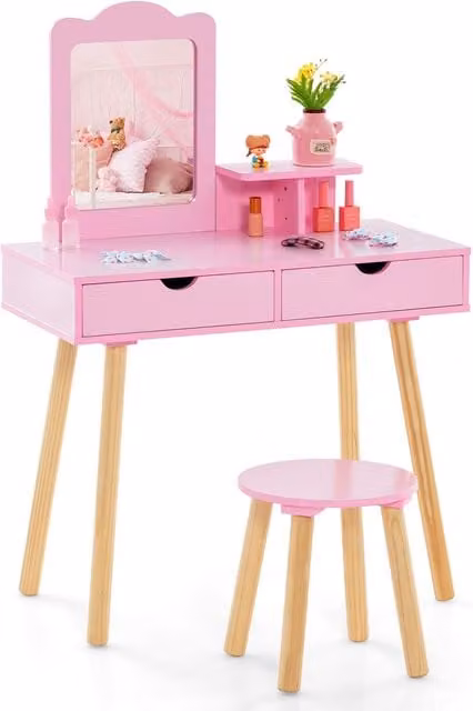 Gymax Kids Wood Vanity Dressing Table and Stool with Mirror and 2 Large Drawers in Pink – 1
