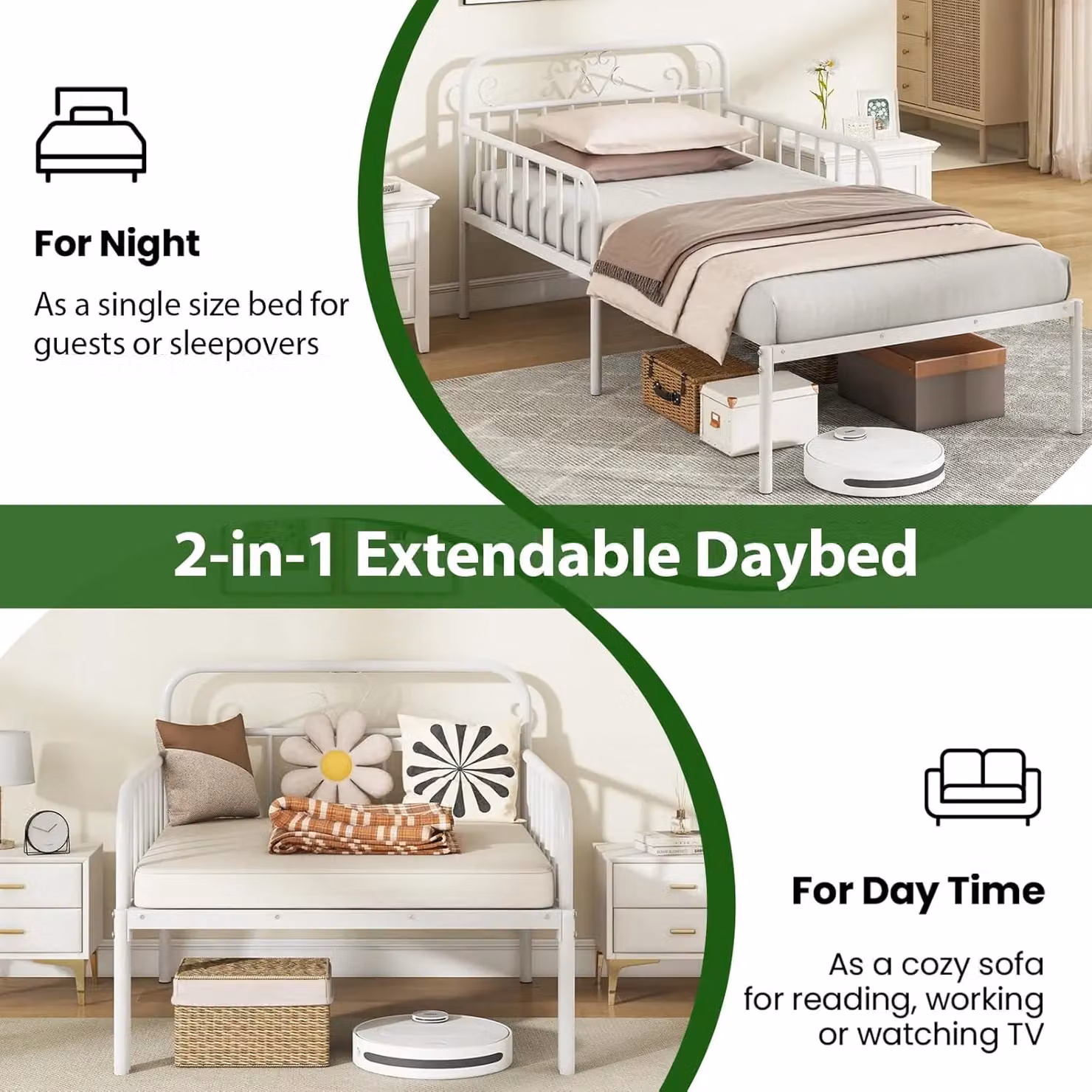 Gymax Extendable Single Metal Daybed Frame with Trundle and Slats Support in White, W: 90 cm, L: 200 cm – 2