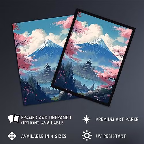 Artery8 Japanese Temple on Mount Fuji Lake Landscape Wall Art Print, Green, Blue and Pink Cherry Blossom Trees Paper Poster – 2