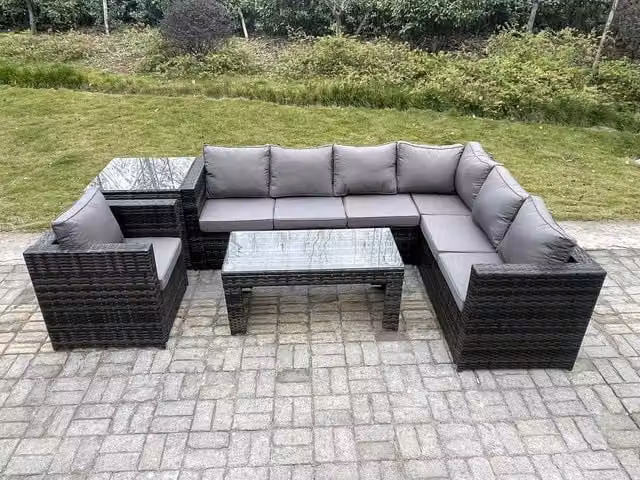 Fimous 7 Seater Rattan Corner Sofa Set with Rectangular Coffee Table and Right Hand Armchair in Dark Grey