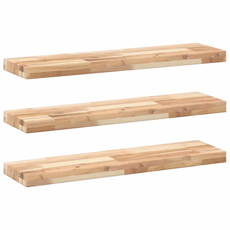 Berkfield Home Set of 3 Floating Shelves in Brown Untreated Solid Acacia Wood, W/D/H: 100 x 20 x 4 cm