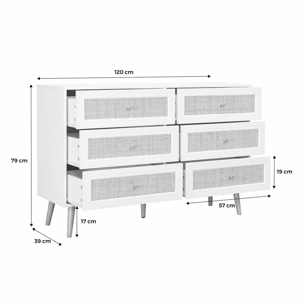 sweeek 6-Drawer Chest with Wood and Cane Effect in White, H 120 x W 79 x D 39 cm – 2